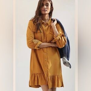 Anthropologie Pilcro Shirt Dress Button-down Gold Tunic Babydoll Mustard Color